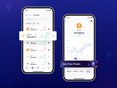 Mobile App | Crypto Currency Tracker coin crypto details earn eth exchange finance fintech graphs list mobile app mobile design profile profit swap token trading transactions ui ux wallet