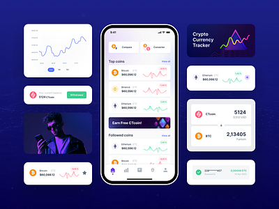 Elements of Mobile App | Crypto Currency Tracker bento bentogrids coin crypto details elements exchange finance fintech graphs home page logo mobile app mobile design profit swap token trading transactions ui ux