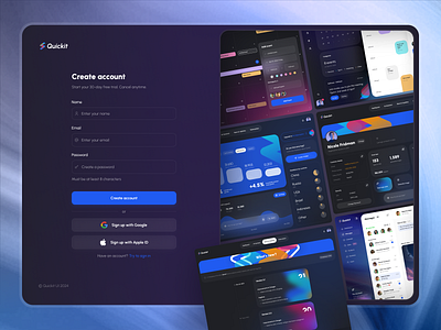 Sign Up page for Quickit UI Kit app dark dashboard design field form free freebie kit login quickit register sign up template theme udix ui ux web widget