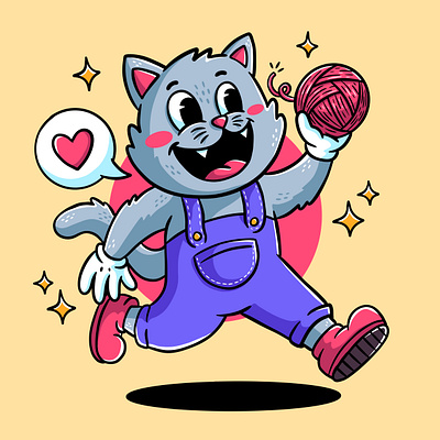 Cartoon Cat with ball of yarn animal cartoon cat character colorful cute design graphic design illustration retro walk
