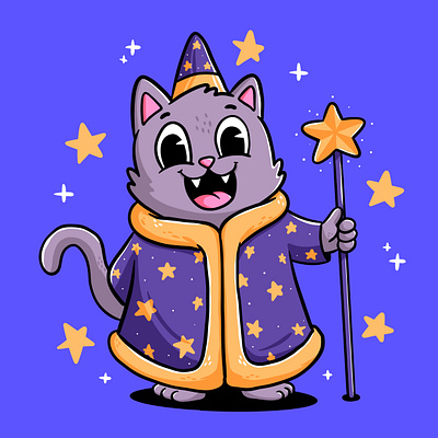 Cartoon Wizard Cat animal cartoon cat character colorful cute design drawn graphic design illustration wizard