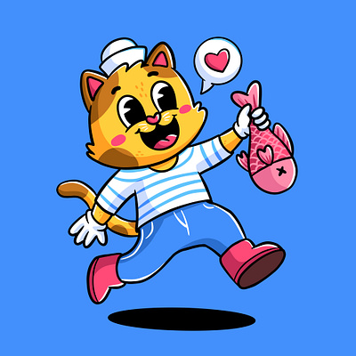 Cartoon Cat love fish animal branding cartoon cat character colorful cute design fish graphic design illustration retro run sailor