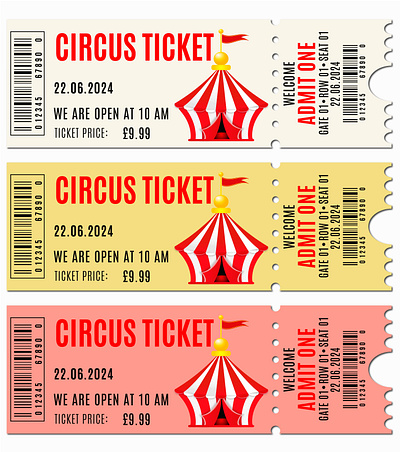 A set of three circus tickets, each with a different color schem art design icon illustration vector