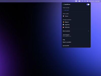 ZenVPN Menu Bar application clean ui client cyber security dark design desktop client interface ios menu bar minimal mobile app platform product design security tunnel ui vpn widget zenvpn