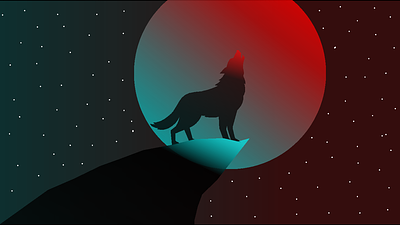Wolf on a hill in red and blue moon 2d adobe color gradients illustrator red and blue moon red and blue sky wallpaper wolf