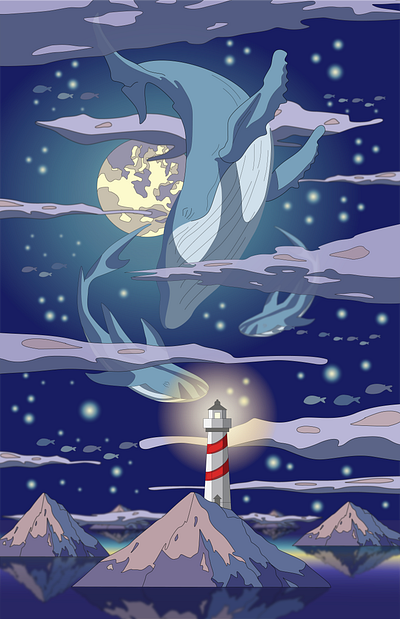 Dreamer art adobe illustrator art dream illustration light lighthouse night sky whales