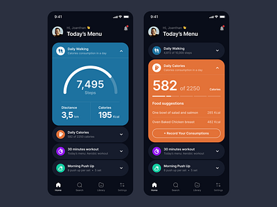 #Exploration - Fitness App accordion android app clean dark mode data design fitness interaction ios iphone mobile responsive stats ui ux