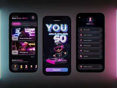 Party mobile app design. 3D element 3d 3d illustration 3d modeling adobe after effects animation app club design event friends graphic design illustration mobile app music night club night party parties prototype user interface uxui