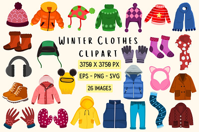 Winter Clothes Clipart Set clipart coat cold weather collection digital download editable graphic design illustration jacket kids seasonal products snow socks sweater vectors winter