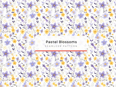 Pastel Blossoms, Seamless Patterns 300 DPI, 4K • cute little flowers design • ditsy style flower pattern • pastel floral pattern • pastel purple and blue flowers • purple and blue pastel palette • white background floral design • yellow flower accents