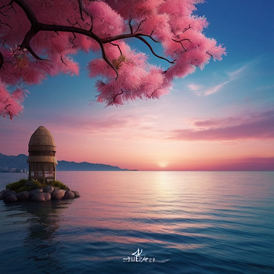 Blue Sea and Pink sky beautyof nature bluesky blur branding design flower graphic design illustration pinkflower river sky