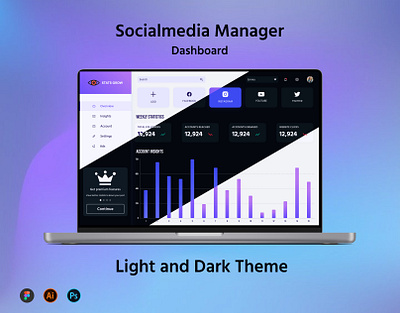 Social Media Manager analytical case study chart dark mode dashboard desktop insight laptop light mode lnd manager minimal mockup social media task ui ux webapp