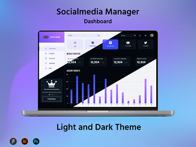 Social Media Manager analytical case study chart dark mode dashboard desktop insight laptop light mode lnd manager minimal mockup social media task ui ux webapp