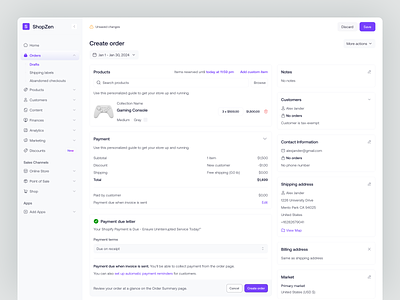 ShopZen - Create order admin dashboard analytics billing cart create order customer details dashboard ecommerce marketing dashboard order details order info order page order summary ordering payment method product page saas shipping ui ux web app