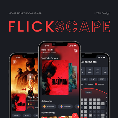 FlickScape - Movie Ticket Booking App app flickscape mobile app movie movie booking app movie ticket booking app red ticket booking app ui ux