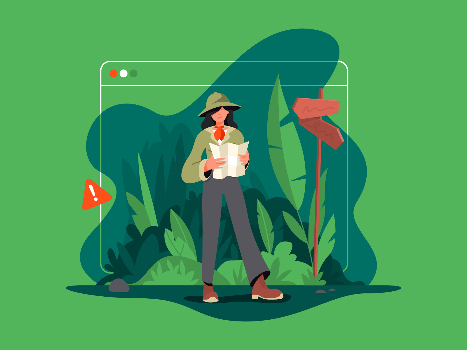 UX Explorer bugs dev developer error graphic design green guide human icons illustration interface landing page motion graphics plants product traveler ui ux vector woman