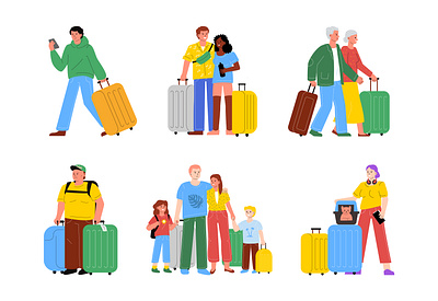 Passengers collection couple daughter design diversity elderly persons family father flat illustration luggage mather people pet set single son vector