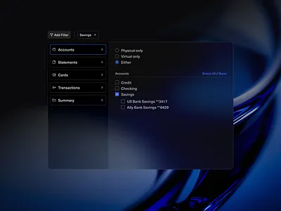 Filters | Blockchain Banking bank banking blockchain blue clean filtering filters glass glassmorphism minimal modern online banking product design software ui ux