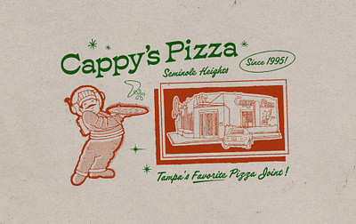 Cappy's Pizza Illustration for a Postcard atomic age cappys pizza graphic design illustration mid century nostalgia pizza postcard small business