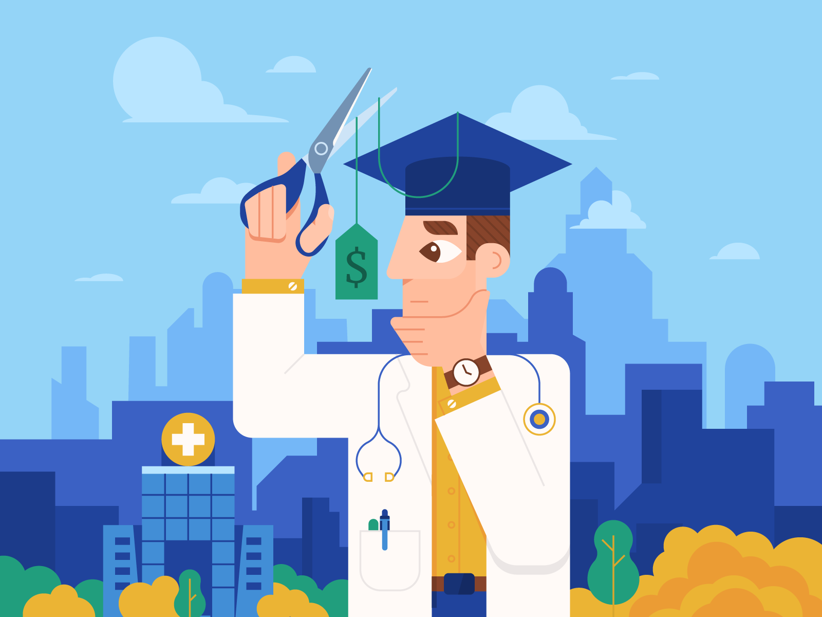 Student Loans behance blue branding brochure cover design doctor dribbble hospital illustration loans magazine patryk physician practice scissors student vector wojciechowicz