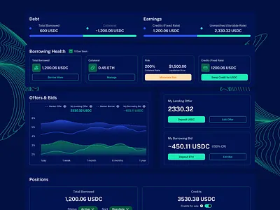 Size.cash Lending marketplace - Positions Dark mode app blockchain cryptocurrency design ui website