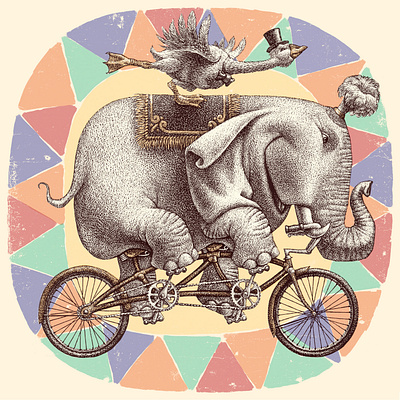 Tandem bicycle cartoon circus elephant illustration scratchboard