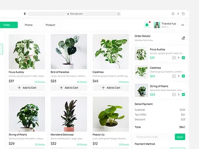 Florapay - Point Of Sales Plants Dashboard - Order bucket cashier clean design dashboard dashboard plants dashboard pos design flora green theme minimalist payment plants point of sales point of sales ui pos ui ui design uiux website