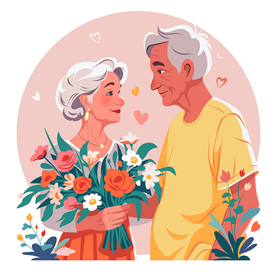 Golden Years: Lifetime devotion, still giving flowers. character character design couple illustration love poster valentine valentine card vector