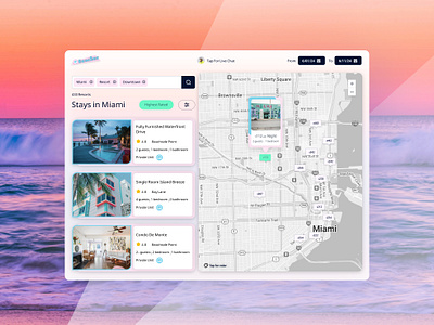 Feeling Beachy - Vacation Bookings 90s beach booking hotel booking listing map product design property real estate rental rental booking rental cards search stay travel trip ui vacation