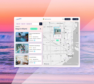 Feeling Beachy - Vacation Bookings 90s beach booking hotel booking listing map product design property real estate rental rental booking rental cards search stay travel trip ui vacation