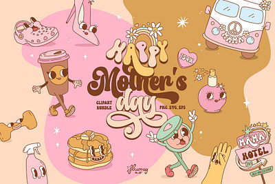 Retro Mother's Day clipart bundle eps funny character groovy clipart groovy mama lady boss motherhood mothers day retro characters retro clipart retro mascot retro mothers day svg