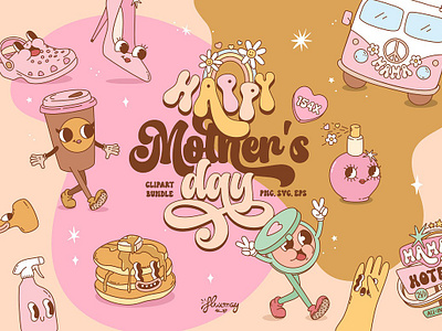 Retro Mother's Day clipart bundle eps funny character groovy clipart groovy mama lady boss motherhood mothers day retro characters retro clipart retro mascot retro mothers day svg