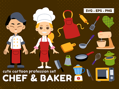 Cute Profession Set Chef and Baker baker cartoon character chef children illustration clipart cooking design element illustration job kids illustration kitchen people profession vector