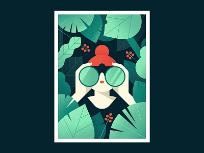 In Search of Nature binoculars biodiversity ecology environment exotic exploration forest green illustration jungle leaves leo alexandre nature tropical vector wildlife woman