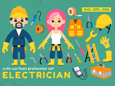 Cute Profession Set Electrician cartoon character children illustration clipart design electrician element illustration job kids illustration people profession vector