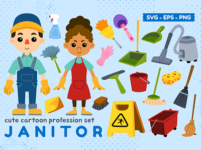 Cute Profession Set Janitor cartoon character children illustration clipart design element illustration janitor job kids illustration people profession vector