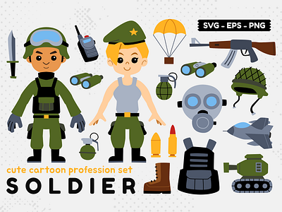 Cute Profession Set Soldier cartoon character children illustration clipart design element illustration job kids illustration people profession soldier vector