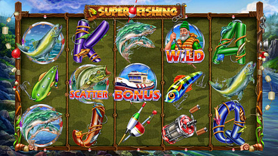 The Main UI design for the online slot game "Super Fishing" design fishing slot fishing themed gambling game art game design game designer game development game reels graphic design illustration reels slot art slot design slot development slot game slot machine slot reels