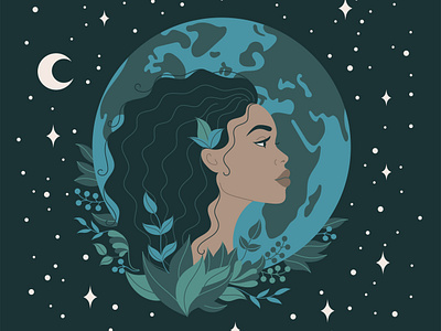 Planet Earth among stars. 2d african african american afro branding character cosmos eco eco friendly female girl graphic design green illustration illustrator planet earth space stars vector woman