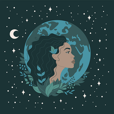 Planet Earth among stars. 2d african african american afro branding character cosmos eco eco friendly female girl graphic design green illustration illustrator planet earth space stars vector woman