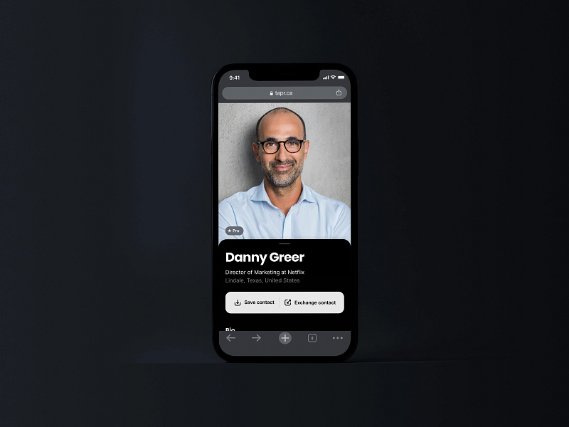 Personal profile for Tapr. Digital Business Card. vCard black card brand dark theme darkui designbusiness digital business card digitalcard graphic design illustration logo minimal minimalistic mobile app style tapr tapr bio template usa vcard white card