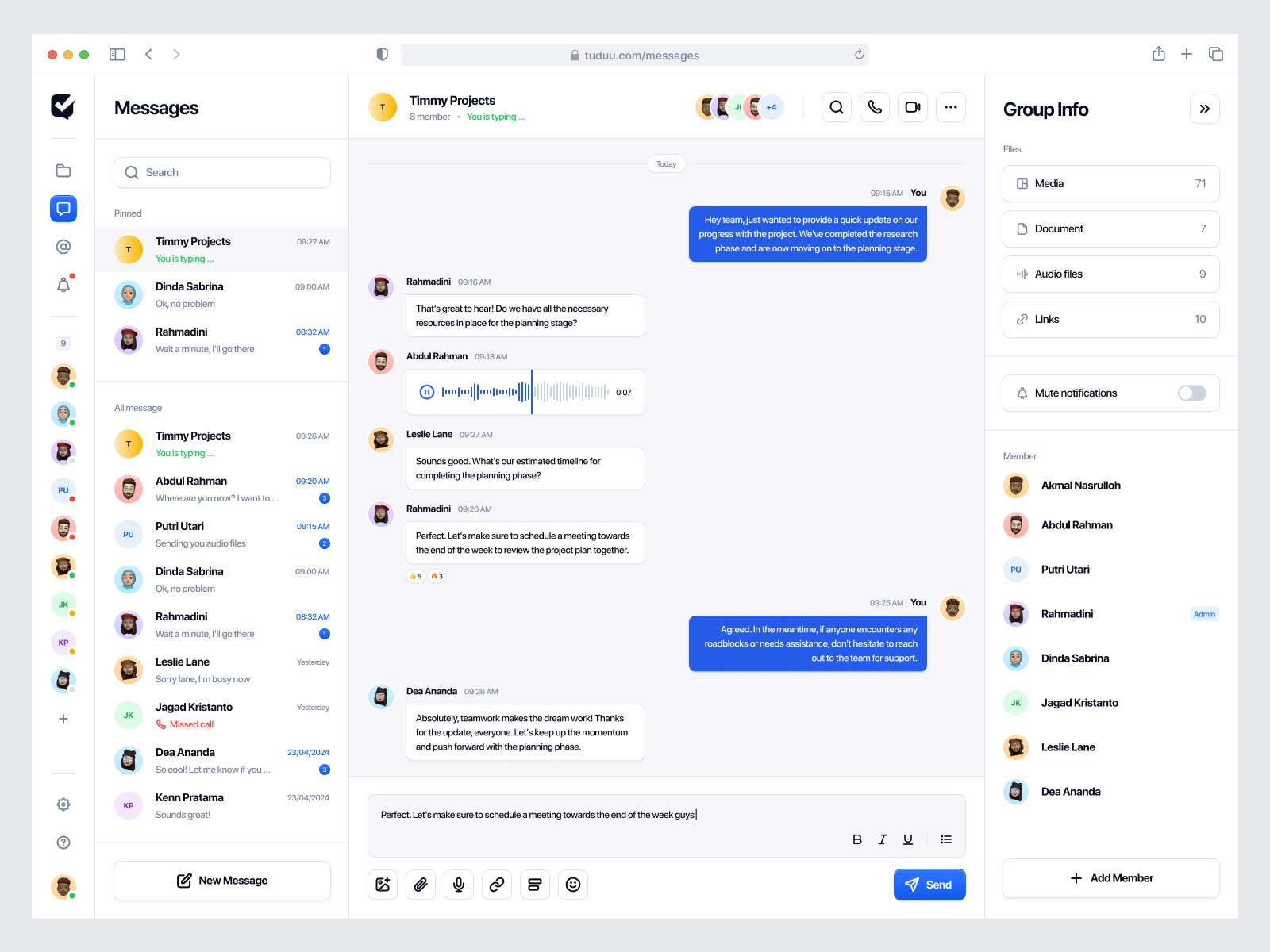 Tuduu - Messages Page message dashboard message view messages product design productivity app project management room chat schedule scheduling task app task list task management task management dashboard task manager team management to do web app web design