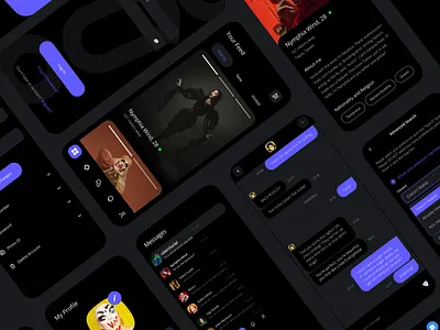 Dating App app chat dark mode dark theme dating dating app feed filter message mobile network notifications profile social social media social network ui ux
