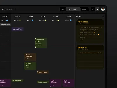 Calendar Notes calendar darkmode meetings notes product design tabs weather webapp