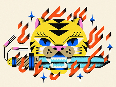Sword Tiger 🗡️ aapi abstract animal asian blue cat chinese fire flames flat geometric geometry illustration shading sword tattoo textures tiger vector yellow