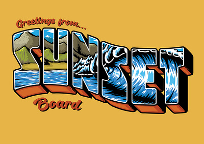 Sunset Board art artwork beach branding cartoon character comic comicstrip design draw drawing graphic design illustration lettering logo surf