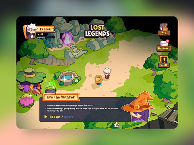 Lost Legends - RPG Game Illustration adventure character character design design forest game game design game illustration game ui graphic design illustration indie game isometric isometric game rpg ui witch