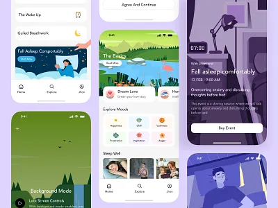 Insight & Sleep App account audio design clean emotionals health illustrations meditations mobile app morning night popular purplle relax sleep app sound trending unspace