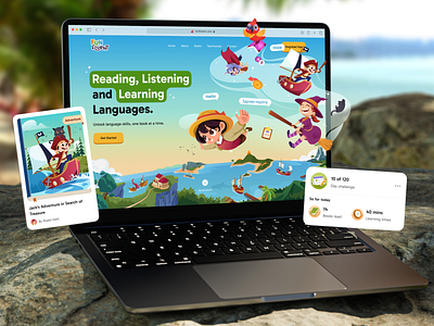 Funfluent - Language Learning Landing Page 📃 app children clean design header hero illustration kids landing page language leaning mascot mobile mockup orely promotion ui