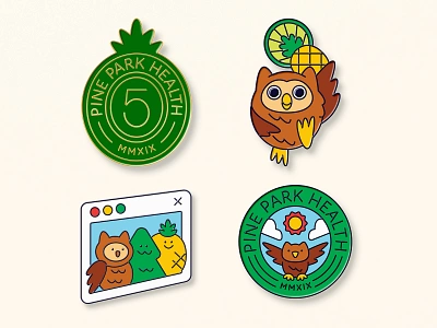 Pine Park Health Enamel Pins No. 3 animal badge bird branding character cloud design enamel graphic design icon illustration logo nature owl pin pineapple sky sun tree type